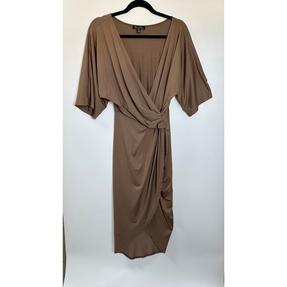 Dressy Day Brown Short Sleeve Drape Crossover Stretchy Midi Dress, Size M - Picture 1 of 5